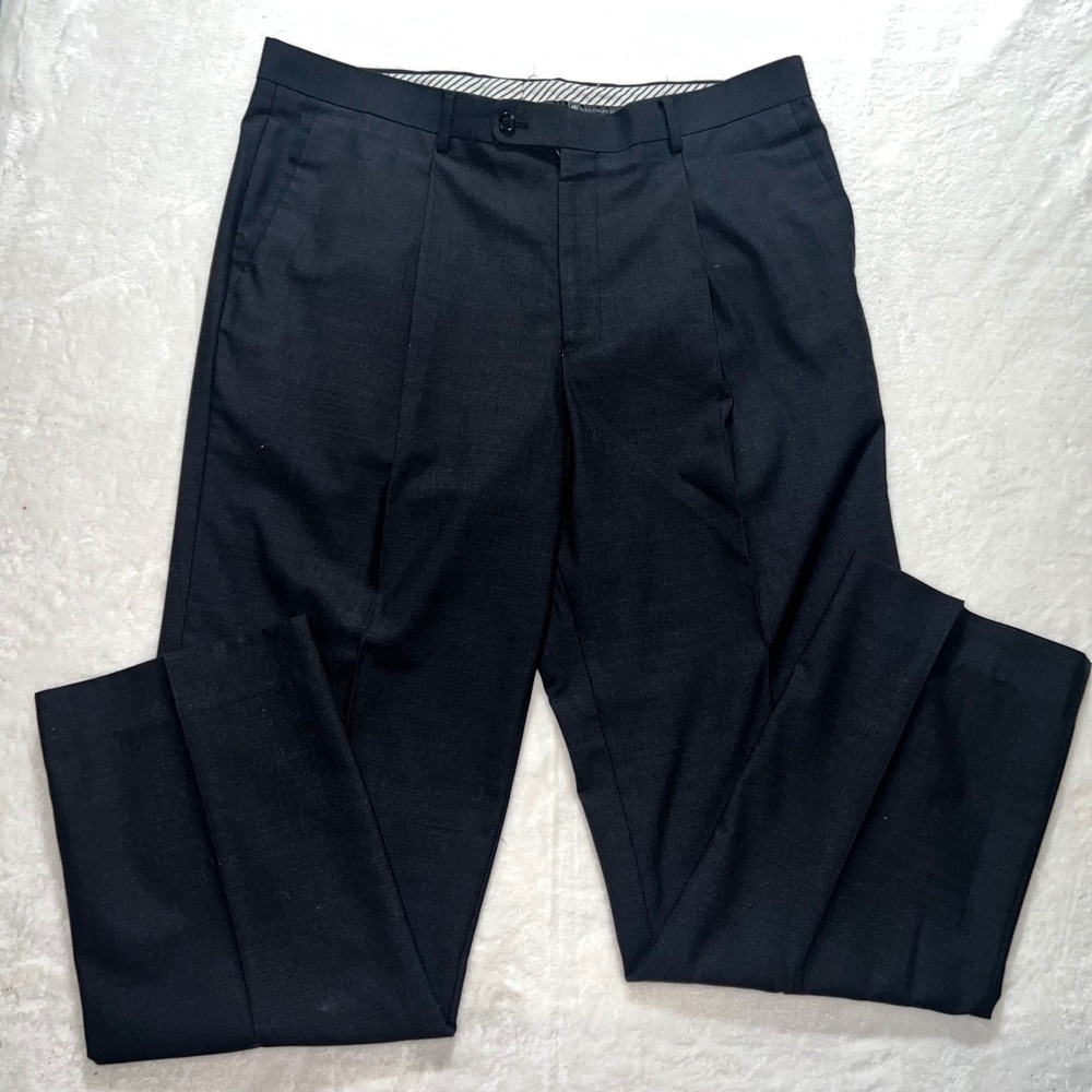 Bachrach‎ Mens Black 100% Wool Pleated Straight Leg Dress Pants Trousers 35x31